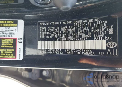 2019 Toyota Corolla Le from USA, damaged, VIN 2T1BURHE8KC221047